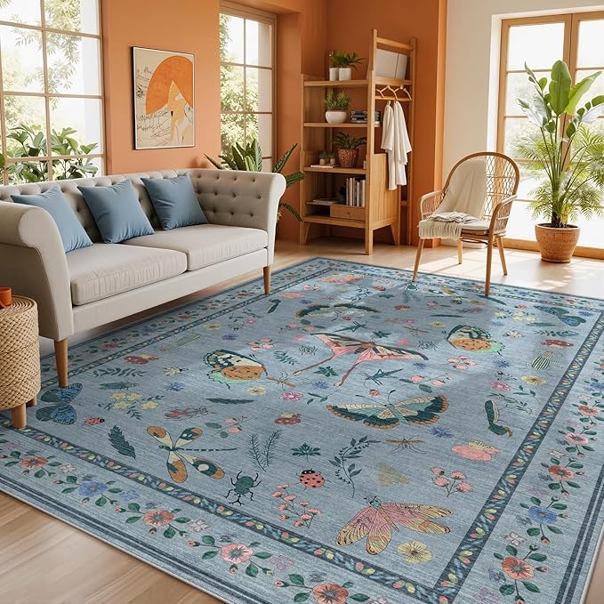 8x10 Area Rugs with Insect Print - Bug Rug Non-Shedding Stain Resistant Soft Carpet for Bedroom, Low Pile Ultra-Thin Machine Washable Carpet for Dining Room, Kids Nursery, Office (8'x10' Blue)