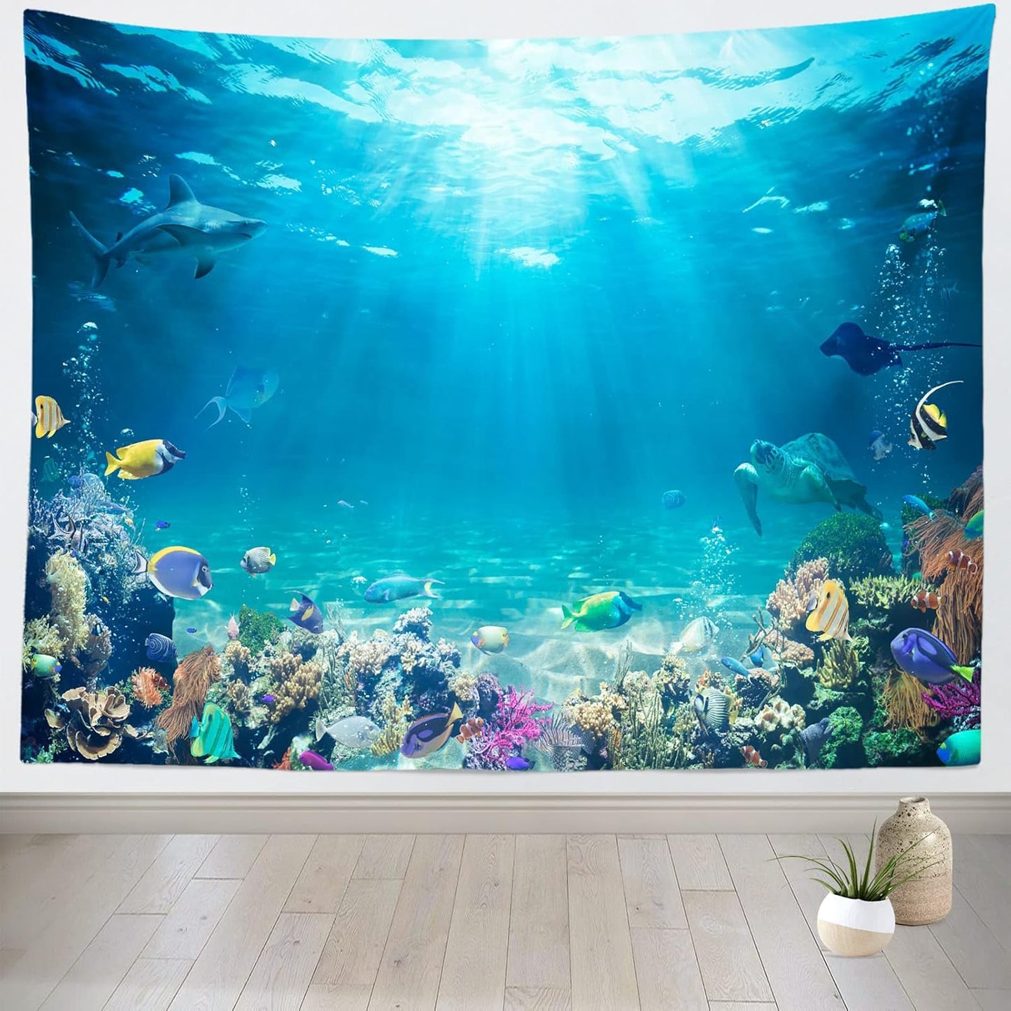 Loccor Underwater World Tapestry Blue Ocean Wall Hanging Under the Sea Coral Reef Wall Tapestry Tropical Fish Tank Undersea Tapestries Marine Wall Art for Bedroom Living Room Dorm Decor 92x70 Inches