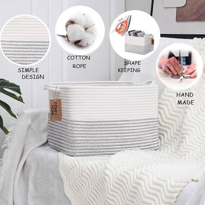 COMFY-HOMI Cotton Rope Woven Basket with Handles for Shelves,Toys,Book, Cloth Storage Baskets Bin for Organizing-13.5"x11"x9.5" Toy Decorative Organizer for Living Room, Bathroom-White/Black Line