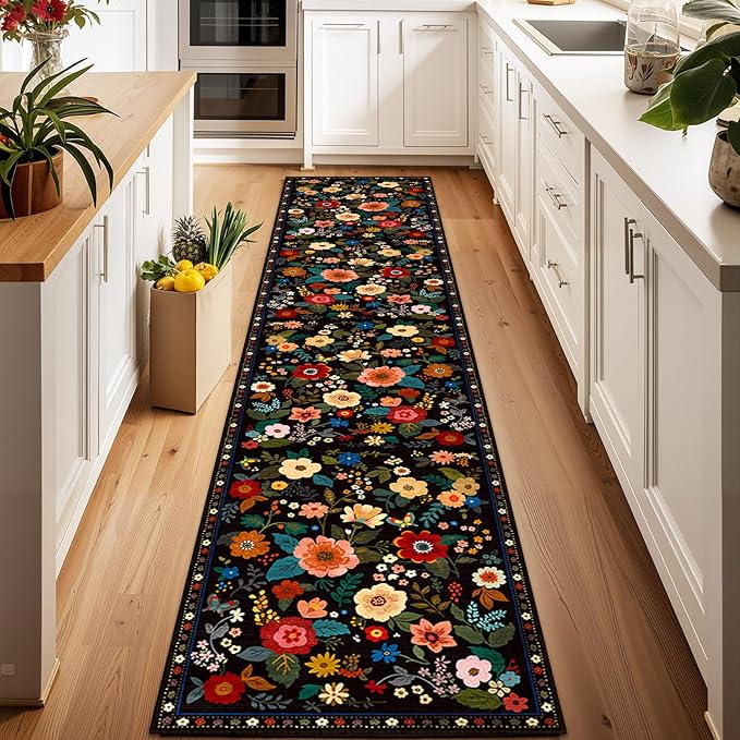 Floral 2x10 Area Rug Machine Washable Soft Print Boho Carpet Non Slip Doormat Low Pile Flower Area Rugs for Living Room Bedroom Nursery Kitchen Dining Room Indoor-Black