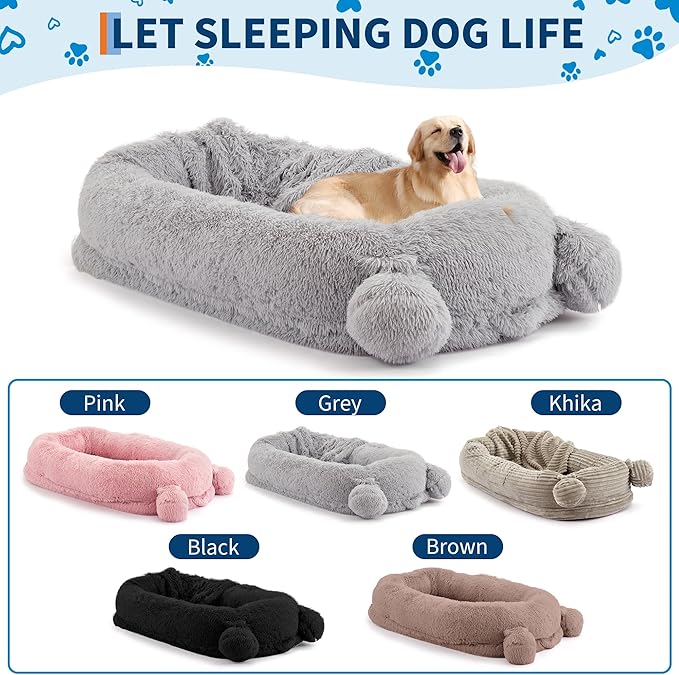 GarveeHome Human Sized Dog Bed, 71" x 45" x 12" Large Dog Bed with 2 Storage Pockets, Fluffy Faux Fur Orthopedic Pet Bean Bed for Adults & Giant Pets - Grey