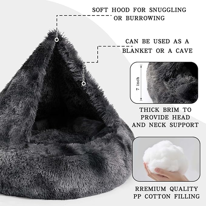 NOYAL Calming Dog Bed for Anxiety, Hooded Donut Cave with Blanket, Plush Fluffy Washable Pet Bed for Small Medium Dogs & Cats