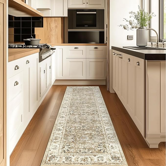 jinchan Runner Rug 2x6 Machine Washable Hallway Rug Taupe Vintage Floral Print Non-Slip Low Pile Ultra-Thin for Kitchen,Entryway,Laundry Room,Bedroom,Farmhouse (2‘x6’,Taupe)