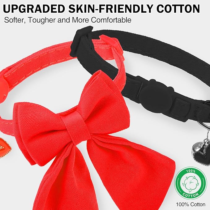 Cat Collar Breakaway with Bells, Soft Pure Cotton Bowtie Collar for Girl Boy Cats, 2 Pack Cute Personalized Small Kitten Collars with Bow for Weddings Parties, Red and Black, 8-12 Inch