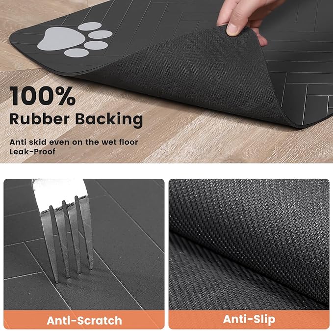 Pet Feeding Mat-Absorbent Pet Placemat for Food and Water Bowl, with Waterproof Rubber Backing, Quick Dry Water Dispenser Mat for Dog and Cat (24"x16", Black)