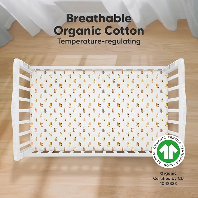 KeaBabies 2-Pack Organic Crib Sheets for Boys, Girls - 52x28 Fitted Crib Mattress Sheet Neutral, Breathable Jersey Cotton Cover for Baby Bed, Toddler Mattress, Soft & Cute Prints (Construction)