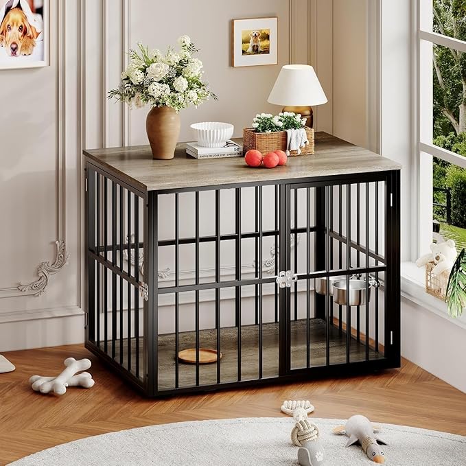 43 Inch Indoor Dog Crate End Table Furniture with Double Doors, Wooden Pet Cage Side Table, Heavy-Duty Dog Kennel for Medium and Large Breeds