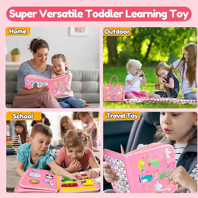 Qizfun Busy Board Book Montessori Toys for 1 2 3 4 Year Old, Girl Birthday Gifts, Educational Sensory Learning Toy for Toddlers 1-3, Car Airplane Travel Activities Toys for Kids Ages 2-4 Year Old