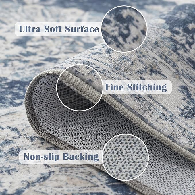 jinchan Runner Rug 2x6 Washable Hallway Runner - Vintage Floral Non Slip Low-Pile Soft Thin Kitchen Rug Distressed Carpet for Farmhouse Bedroom Entryway Laundry Room(2x6ft,Dark Blue)