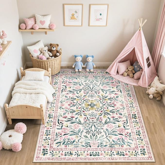 Area Rug Living Room Rugs: Floral 5x7 Washable Rug Vintage Soft Boho Non-Slip Carpet Indoor Stain Resistant Large Carpets for Bedroom Dining Room Farmhouse Nursery Hallway Home Office Pink Green