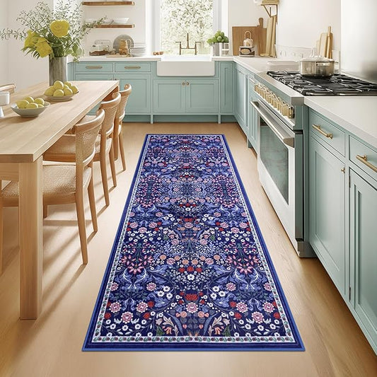 Runner Rug for Entryway: 2.6x8 Kitchen Rugs Non Slip Washable Ultra-Thin Soft Floral Carpet Indoor Floor Stain Resistant Carpets for Hallway Bedroom Kitchen Laundry Bathroom Dorm Blue
