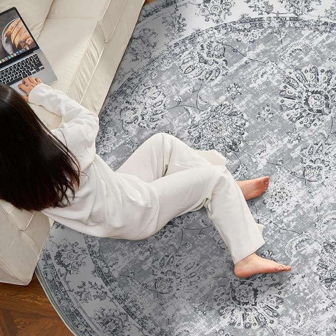 jinchan Round Rug 7ft Area Rug - Grey Vintage Floor Mat Kitchen Indoor Ultra-Thin Soft Floral Print - Washable Circle 7' Retro Accent for Farmhouse Non Slip Dining Room Living Room Bedroom Office