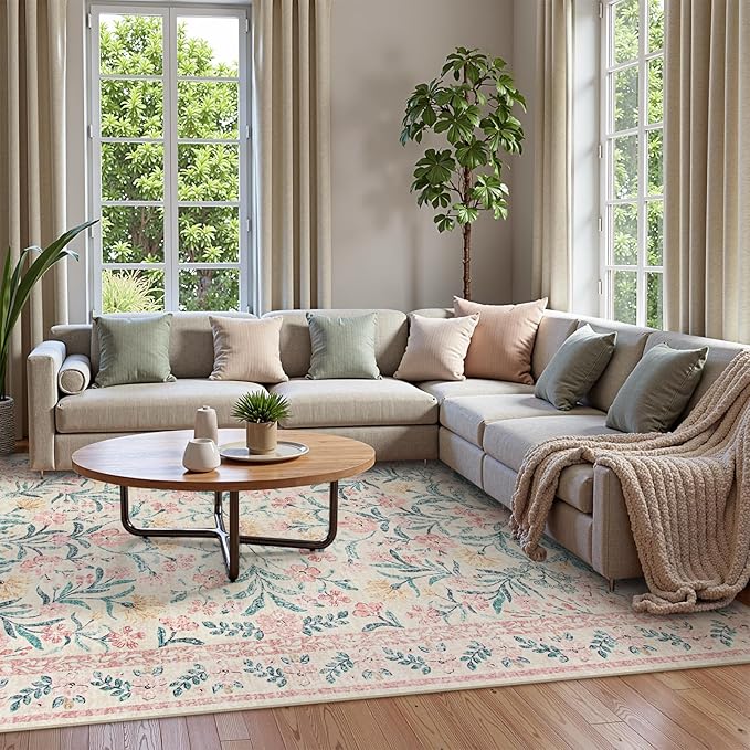 Wonnitar Machine Washable 10x14 Area Rugs, Large Living Room Rug Floral Pink and White Carpet, Boho Soft Ultra-Thin Foldable Carpets for Bedroom Dining Room Office