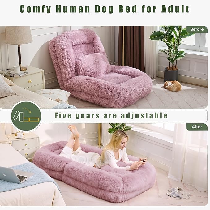 Adjustable 5-Position Human Dog Bed for People, Big Comfy Plush Floor Gaming Lazy Sofa Chair with Pillows & Back Support, Foldable Lounge Loveseat Couch for Living Room Bedroom (Pink)
