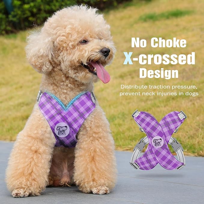Pawaboo Small Dog Harness and Leash Set, Puppy Harness X-Frame No Pull No Choke, Dog Vest Harness Adjustable for Small Medium Sized Dogs,Soft Breathable Pet Harness for Walking Outing, M, Purple Plaid