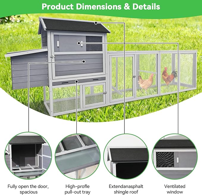 KEIKI 113" Large Outdoor Wooden Chicken Coop with Run and Nesting Box, Waterproof Hen House with Anti-UV Roof, Secure Latches, and Openable Top for Backyard Poultry, Gray