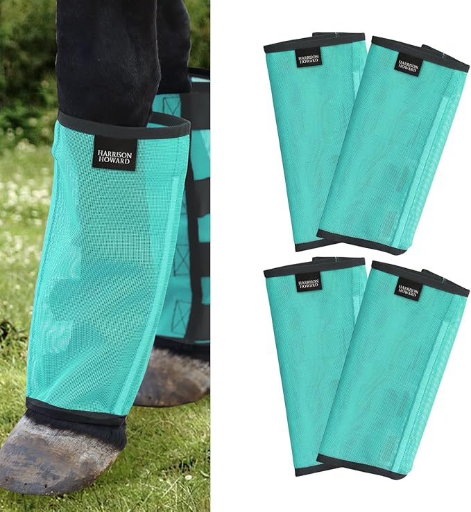 Harrison Howard Loose Fitting Fly Boots UV-Protective Extra Tough Mesh Ventilated Four Fasteners Stay-on Design Protect Horse Legs & Stomp-Reducing Set of 4 Mint Large
