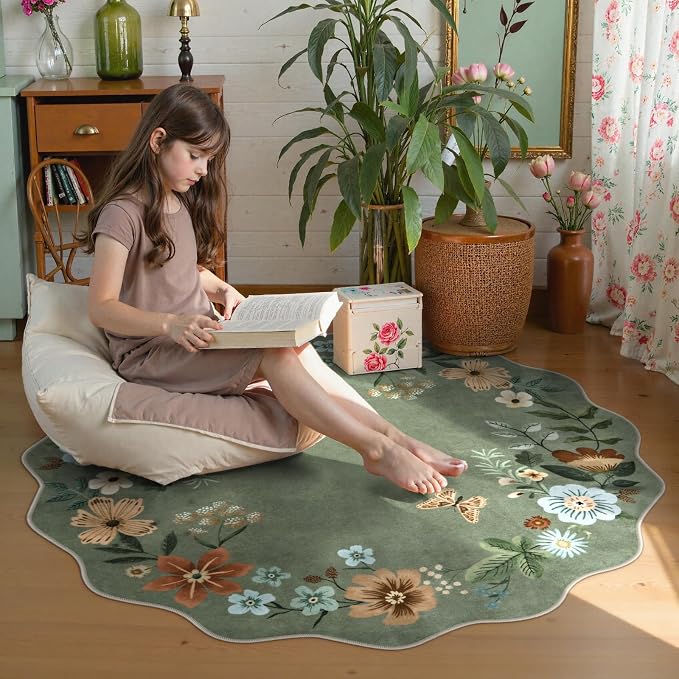Lahome Floral Washable Round Rugs, Non-Slip Soft Round Rug 4ft Ultra-Thin