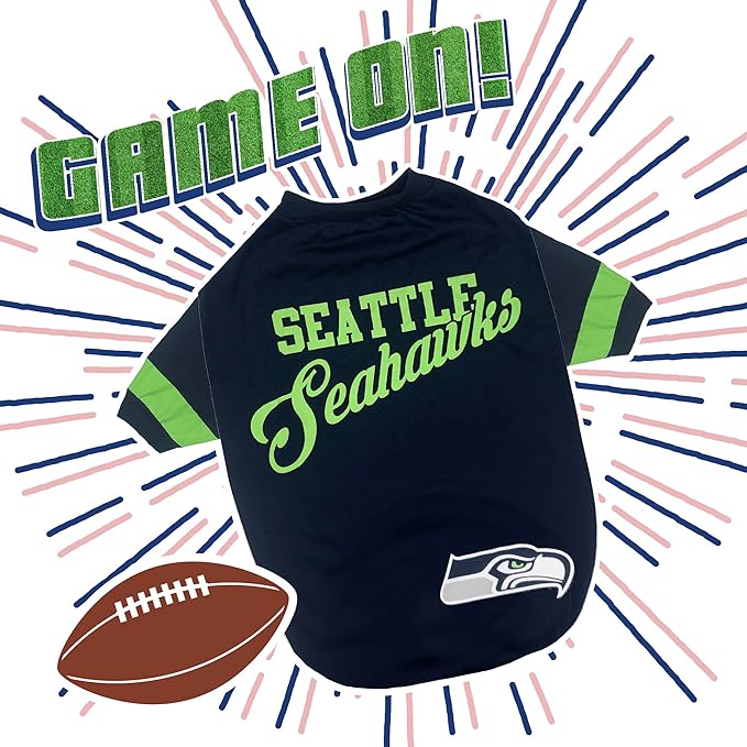 Pets First NFL Seattle Seahawks T-Shirt for Dogs & Cats, Large. Football Dog Shirt With Fashionable Stripe Design, Durable & Cute Sports Pet Tee Outfit (SEA-4146-LG)