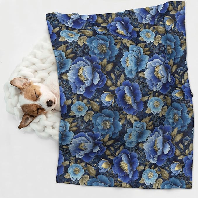 Waterproof Dog Blanket Soft Pet Blanket for Puppy Cat, Fleece Cat Throw Blankets for Furniture Bed Couch Sofa Reversible - Vintage Blue Floral 1