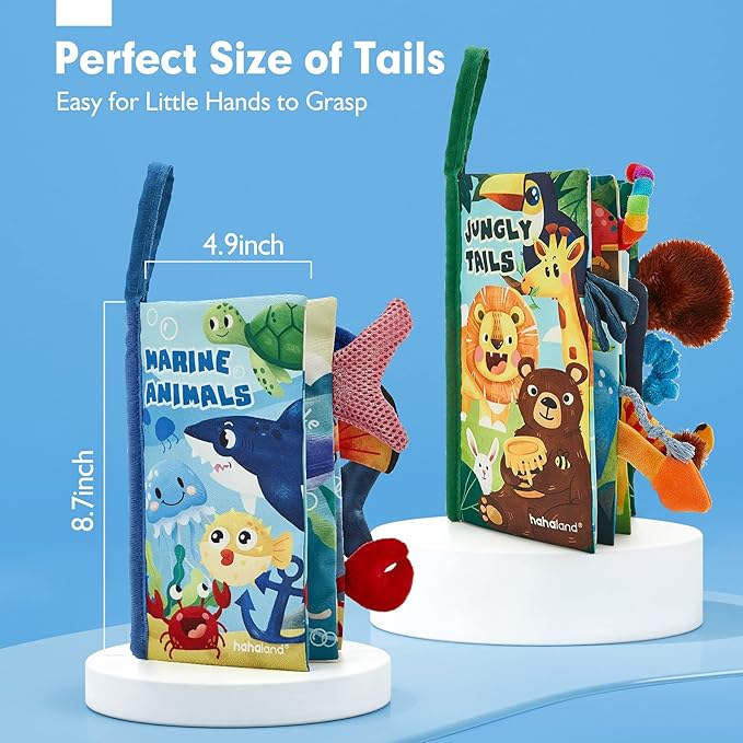 hahaland Baby Toys 0-6 Months - Crinkle Books for Babies 2PCS, Cloth Texture Tails Sensory Book 6-12 Months - Soft, Tummy Time, Montessori Toys 3 4 5 Month Newborn Twin Boys Gifts Travel Infant Toy