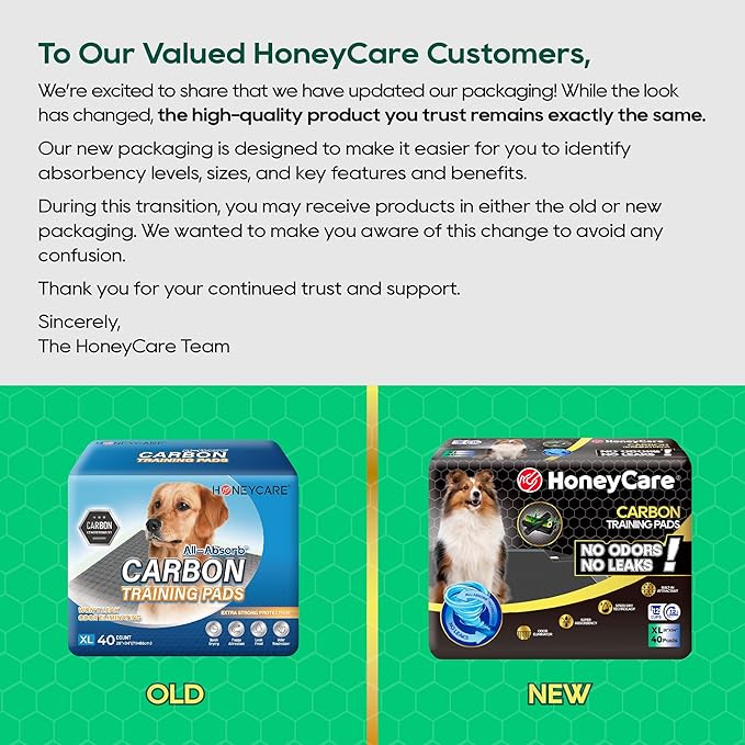 HONEY CARE All-Absorb Puppy Training Pads Dog Potty Pads Absorb Eliminating Urine Odor, Jumbo-Size Charcoal Puppy Pee Pad (Carbon, XL 28x34 inch, 40ct)