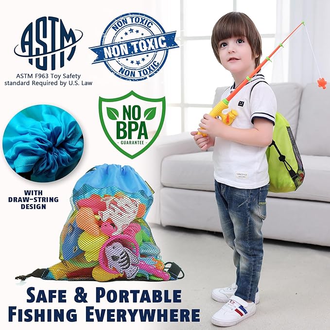 CozyBomB™ Magnetic Fishing Toys Game Set for Kids | Water Table Bathtub Kiddie Pool Party & Pole Rod Net, Plastic Floating Fish Toddler Color Ocean Sea Animals Birthday Age 3 4 5 6 Year