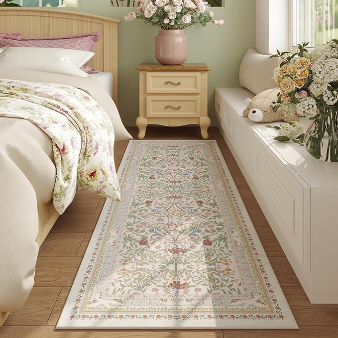 Runner Rug for Kitchen Rug Non Slip 2'x6' Washable Rugs with Rubber Backing Soft Vintage Floral Botanical Carpet Runner for Kitchen, Laundry, Bedroom, Bathroom, Beige