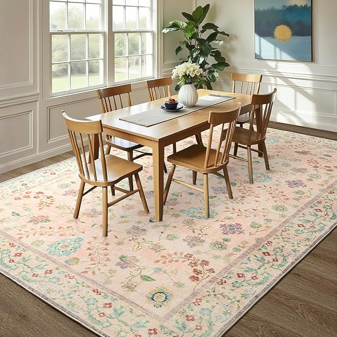 LOCHAS Washable Area Rugs 4x6, Pink Floral Rug for Living Room Bedroom Non Slip, Ultra Soft Vintage Indoor Carpet for Kids, Nursery, Dorm, Dining Room, Classroom, Boho Flower Home Decor, Low-Pile