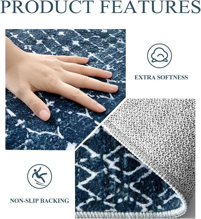 Lahome Moroccan Blue 3x5 Non-Slip Washable Soft Rug