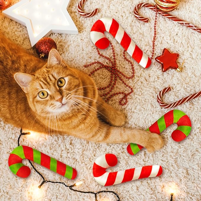 MALLMALL6 4Pcs Christmas Candy Cane Catnip Toys Gift for Cat, Indoor Kitten Chew Bite Kick Catmint Pet Toys Supplies for Cat Lover Xmas Gifts, Cute Interactive Kitty Toy for Pet Presents