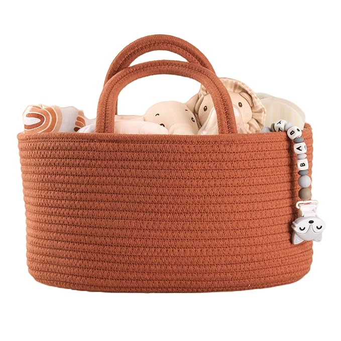 Baby Diaper Caddy Organizer for Girl Boy Cotton Rope Nursery Storage Bin Basket Portable Holder Tote Bag for Changing Table Car Travel Baby Shower Gifts Newborn Essentials Registry Must Have Rust
