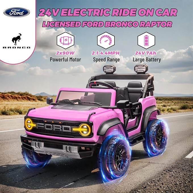 ENYOPRO 24V Ride On Toys for Big Kids, Licensed Ford Bronco Raptor 2 Seater Kids Electric Vehicle, Battery Powered Ride On Car Jeeps w/Remote Control, Bluetooth, 3 Speed, LED Lights for Ages 3+, Pink