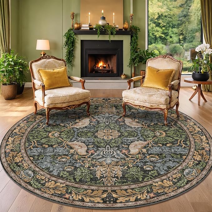 Washable Boho Round Rugs 8ft for Living Room, Ultra Soft Forest Large Circular