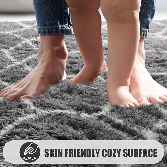 ONASAR Area Rugs for Bedroom Living Room, Washable 4x6 Fluffy Grey and White Floor Rug, Shaggy Geometric Soft Plush Fuzzy Carpet for Nursery Teen Playroom Dorm Office Home Decor Aesthetic