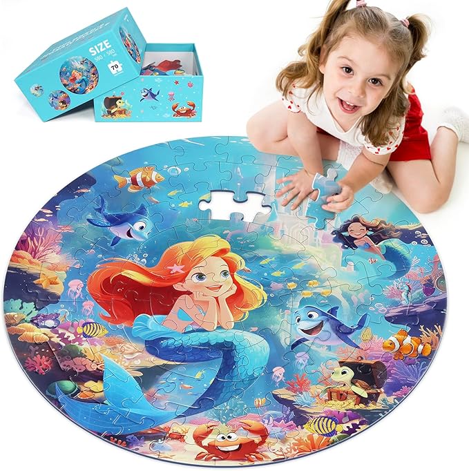 Floor Puzzles for Kids Ages 3-5, 70 Pieces Mermaid Jigsaw Puzzle for Toddler Girls Ages 3 4 5 6 7 8 Year Old, Large Round Underwater Princess Puzzle Educational Learning Toys Birthday Gift