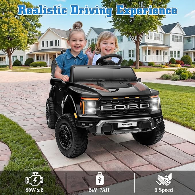 24V Ride on Car Licensed Ford F-150 Raptor, Kids Electric Car with Remote Control, LED Light/Music/MP3, Truck Bed Storage, 3-Point Seat Belt (24V, Black)