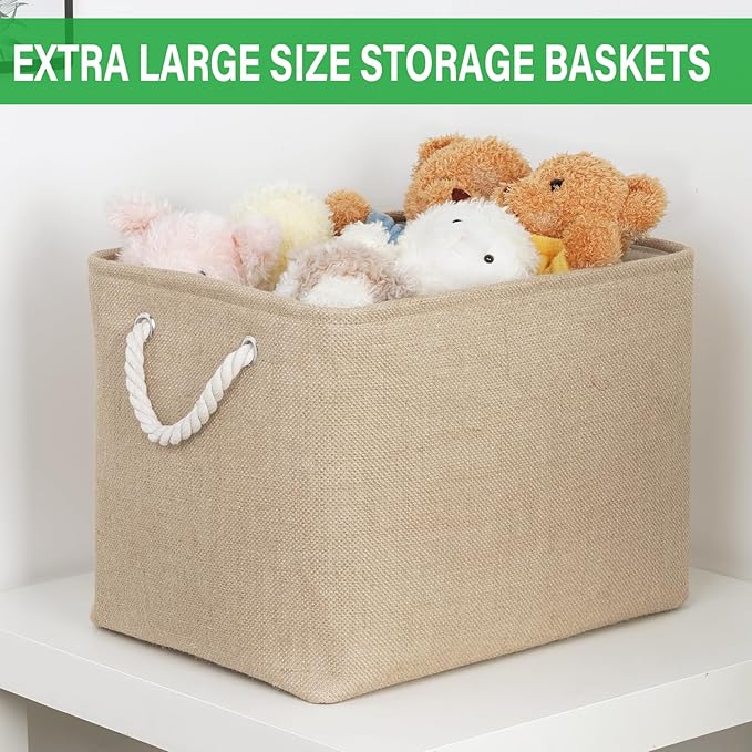 Bidtakay Fabric Storage Baskets for Shelves 3 Pack Large Storage Bins for Organizing Linen Collapsible Organizer for Closet-Flaxen