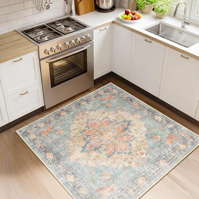 RELEANY Area Rugs Square 4ft Washable Non-Slip, Floral Vintage Distress