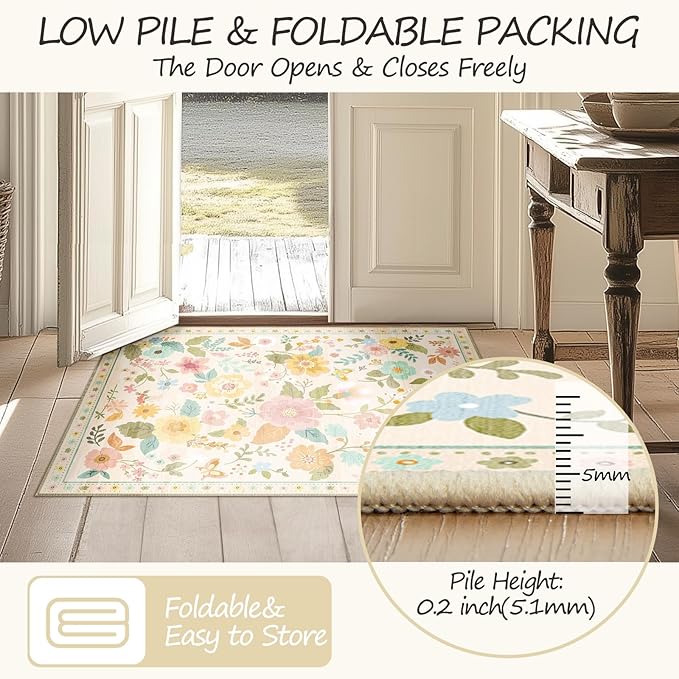 Floral 8ft Area Rug Machine Washable Soft Print Boho Carpet Non Slip Doormat Low Pile Flower Area Rugs for Living Room Bedroom Nursery Kitchen Dining Room Indoor-Beige/White/Orange
