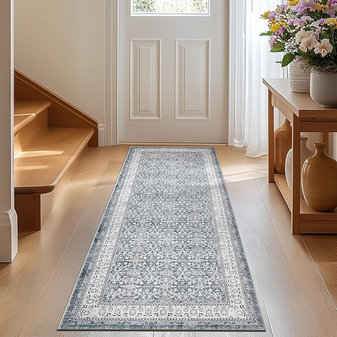 jinchan Floral Runner Rug 2x5 - Machine Washable Grey Vintage Distressed Design Soft Non-Slip Low-Pile Ultra-Thin Runner Rug for Kitchen Hallway Laundry Room Entryway Farmhouse (2‘x5',Grey)