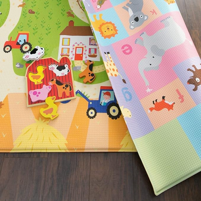 Baby Care Play Mat - Playful Collection (Busy Farm, Large) - Play Mat for Infants – Non-Toxic Baby Rug – Cushioned Baby Mat Waterproof Playmat – Reversible Double-Sided Kindergarten Mat