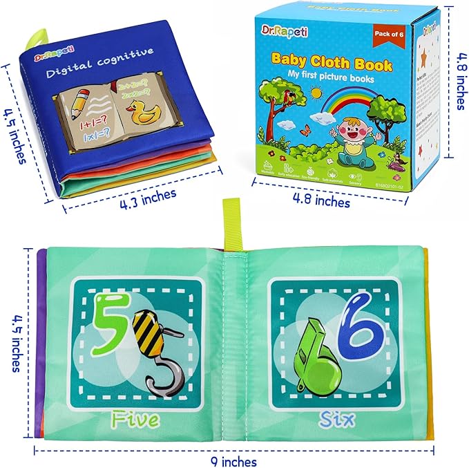 Dr.Rapeti Soft Cloth Books Baby Books Bath Books 6-Pack for Baby Infant Toddler Kids Crinkle Squeaky Washable Chewable Non-Toxic Early Educational Giftable