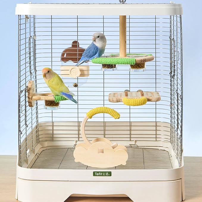 Bird Feeder & Perch – Includes Cotton Rope Perch and Glass Feeding Cup – Cage Accessory for Cockatiels, Budgies, Lovebirds, Conures, Canaries, Finches, and Small Parrots