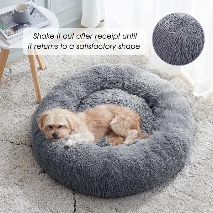 SALAN Calming Donut Dog Bed for Small Dogs and Cats, 16 Inch Round Plush Faux Fur Pet Bed, Washable Fluffy Self Warming Anti Anxiety Cuddler Bed for Puppy, Kitten, Indoor Cats (Brown)