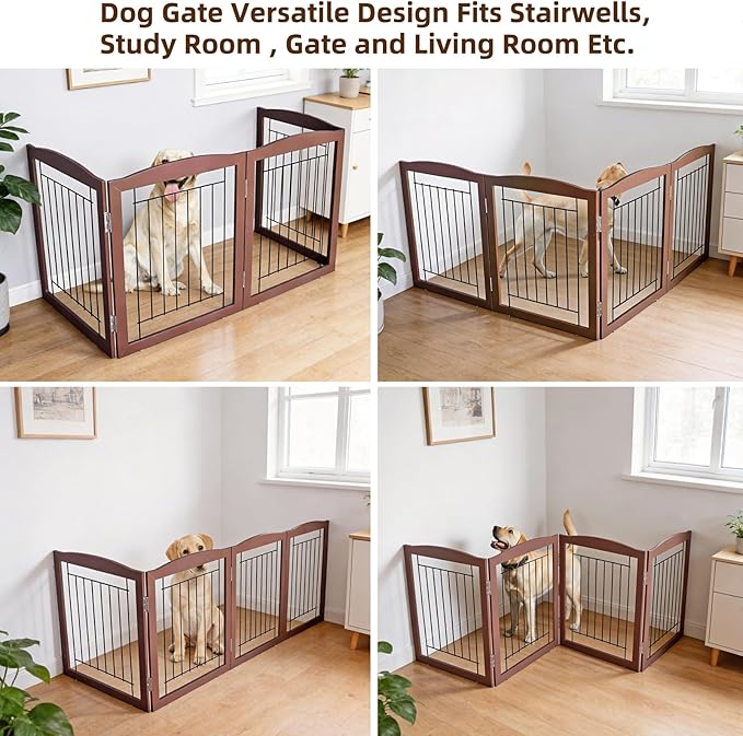 ZJSF Freestanding Foldable Dog Gate for House Extra Wide Wooden Brown Puppy Gate Stairs Dog Gates Doorways Tall Pet Gate 32 "Height 4 Panels Pet Fence