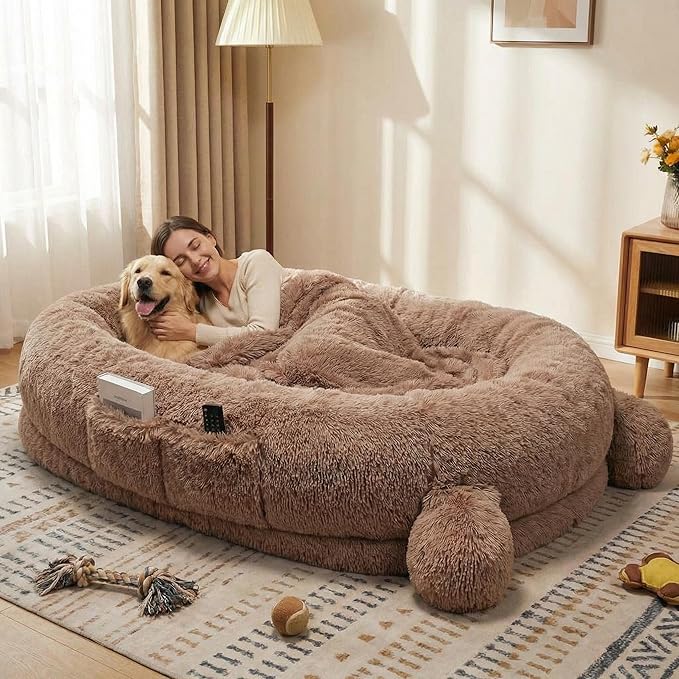 GarveeHome Human Sized Dog Bed, 71" x 45" x 12" Large Dog Bed with 2 Storage Pockets, Fluffy Faux Fur Orthopedic Pet Bean Bed for Adults & Giant Pets - Brown