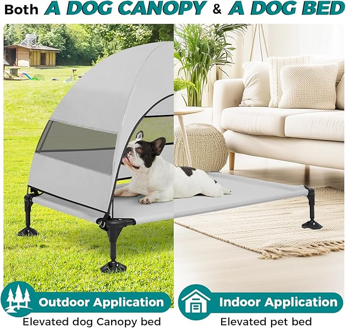 Windproof Elevated Dog Bed with Canopy & Stakes, 3-Sided 90% UV Block, Chew-Proof Teslin Mesh Mat for Large Dogs up to 150lbs(Grey Large)