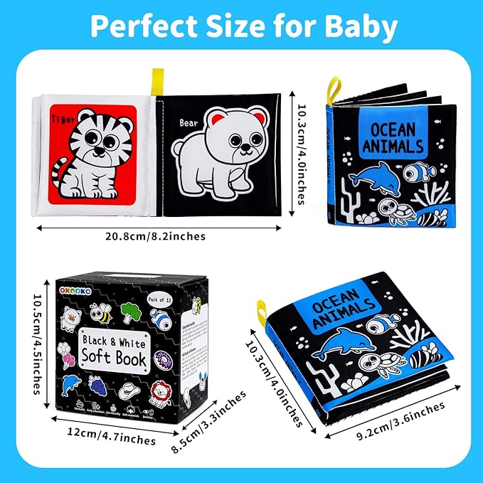 OKOOKO Soft Baby Books Black and White High Contrast 12PCS Soft Cloth Books Bath Books Crinkle Washable Non-Toxic Early Education Preschool Learning Toy for Newborns Babies Infants Toddlers Kids