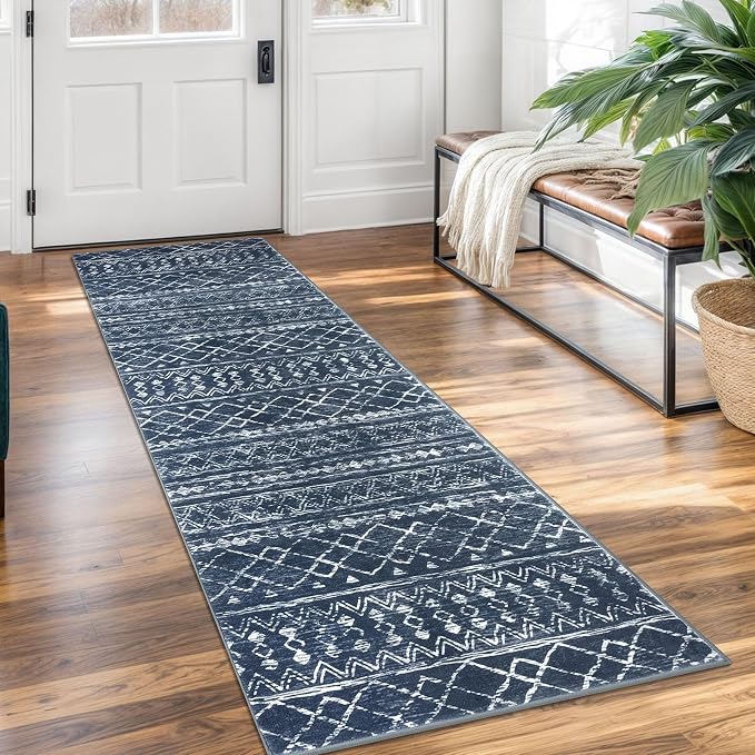 KUTA Moroccan Washable Runner Rug, 2x7 Non-Slip Vintage Navy Blue Boho Hallway